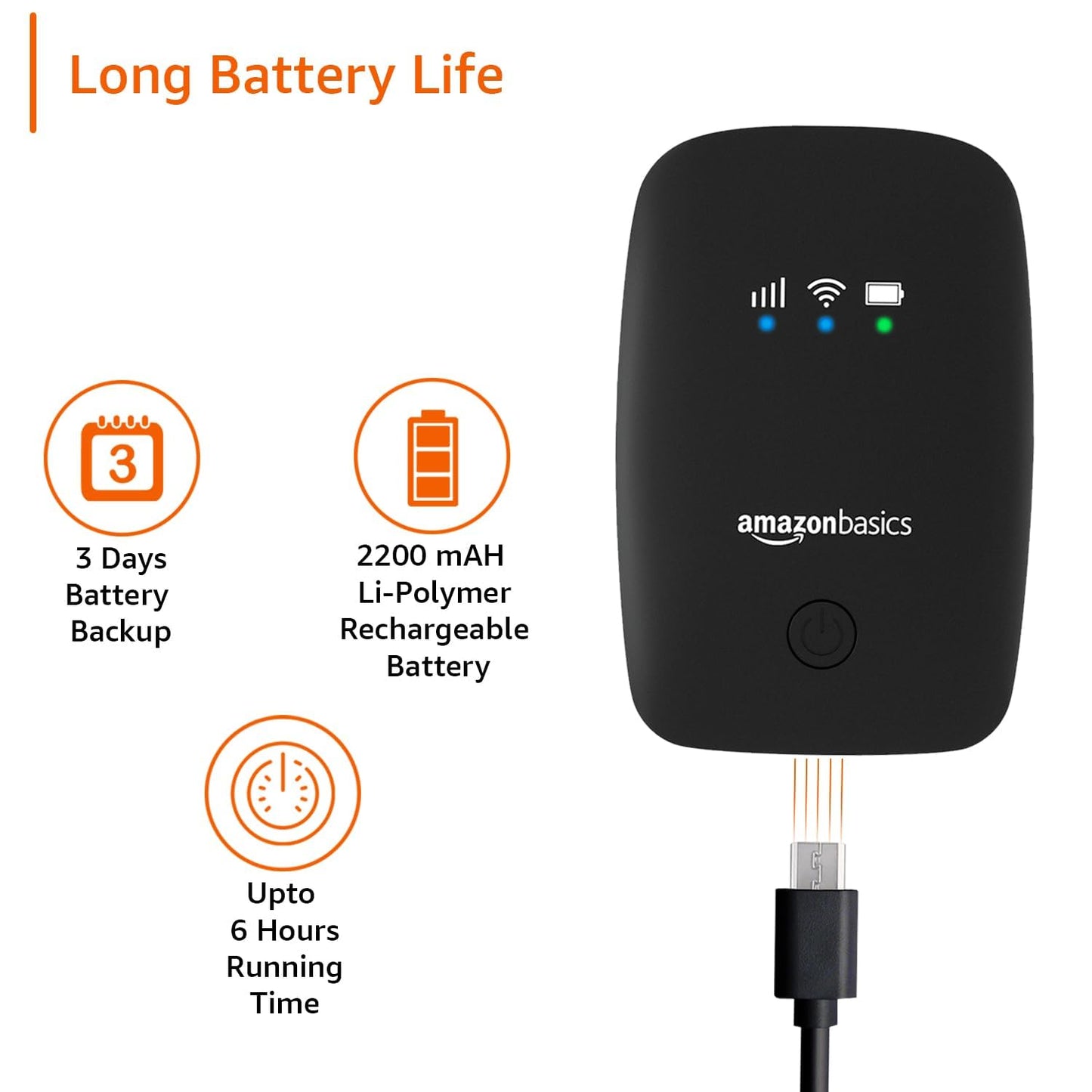 Amazon Basics 4G LTE Wireless Dongle – All SIM Network Support | Plug & Play Single-Band Data Card | Up to 150Mbps WiFi Hotspot | 2200mAh Rechargeable Battery | SIM Adapter Included (Black)
