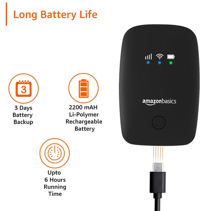 Amazon Basics 4G LTE Wireless Dongle – All SIM Network Support | Plug & Play Single-Band Data Card | Up to 150Mbps WiFi Hotspot | 2200mAh Rechargeable Battery | SIM Adapter Included (Black)