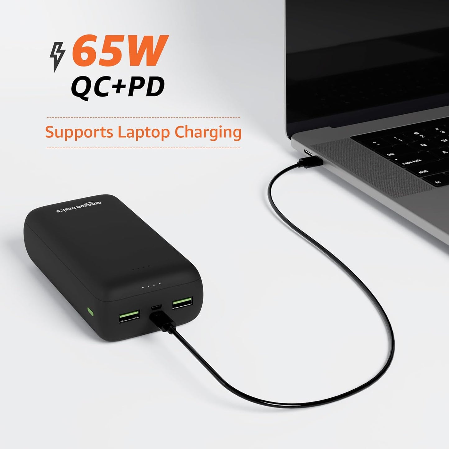 Amazon Basics 27000mAh 65W Ultra-Fast Charging Power Bank – PD Fast Charging, USB-C & USB-A Output, Two-Way Fast Charge, High-Capacity Portable Charger (Black)