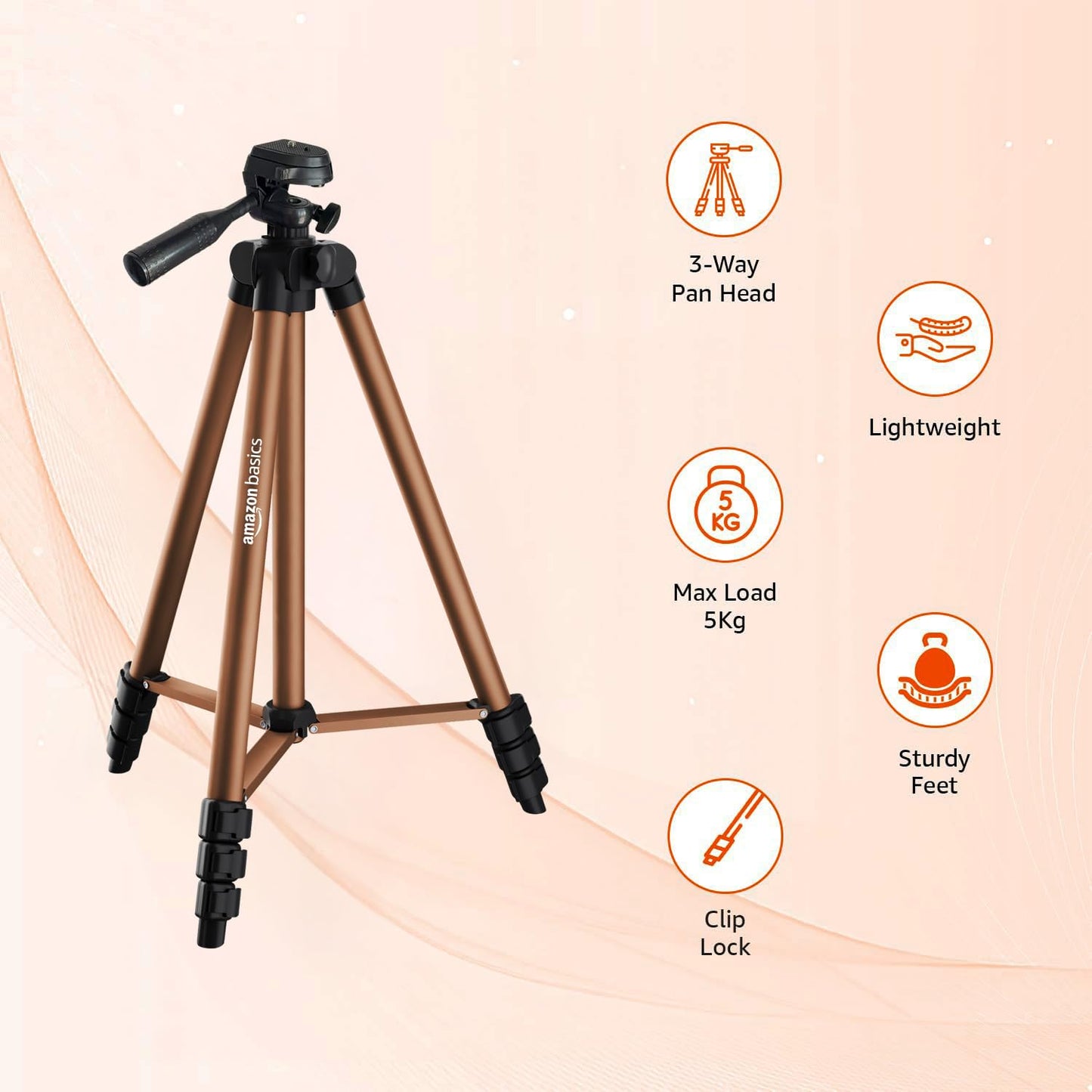 Amazon Basics Adjustable Camera Tripod 41-134cm | Mobile Holder, Carry Bag Included | Lightweight Aluminum Stand for DSLR, GoPro & Smartphones | Copper