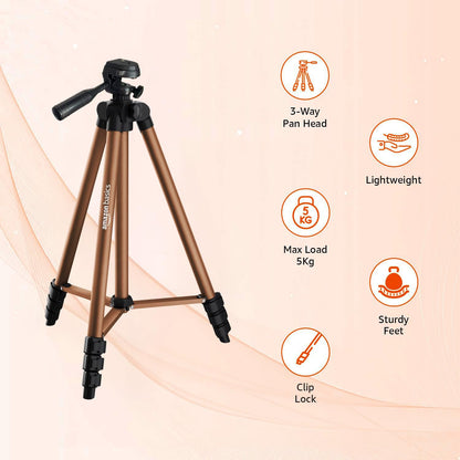 Amazon Basics Adjustable Camera Tripod 41-134cm | Mobile Holder, Carry Bag Included | Lightweight Aluminum Stand for DSLR, GoPro & Smartphones | Copper