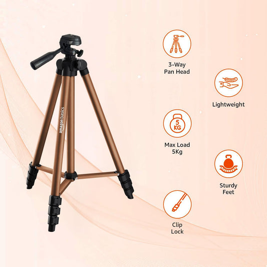 Amazon Basics Adjustable Camera Tripod 41-134cm | Mobile Holder, Carry Bag Included | Lightweight Aluminum Stand for DSLR, GoPro & Smartphones | Copper