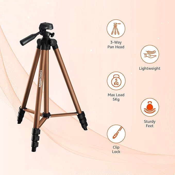 Amazon Basics Adjustable Camera Tripod 41-134cm | Mobile Holder, Carry Bag Included | Lightweight Aluminum Stand for DSLR, GoPro & Smartphones | Copper