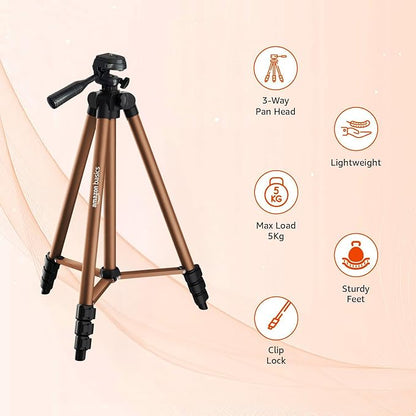 Amazon Basics Adjustable Camera Tripod 41-134cm | Mobile Holder, Carry Bag Included | Lightweight Aluminum Stand for DSLR, GoPro & Smartphones | Copper