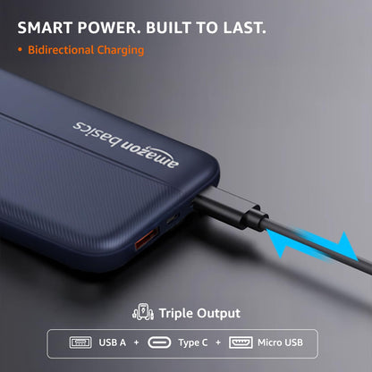 Amazon Basics 20000mAh Power Bank with 22.5W Fast Charging | Triple Device Support | Dark Blue