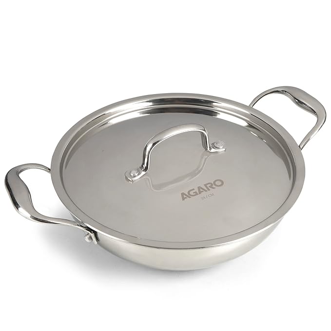 AGARO Royal Honeycomb Kadai 2.25L (24 cm) | Tri-Ply Stainless Steel | Gas & Induction Compatible | PFOA-Free | Riveted Handle | Silver Finish