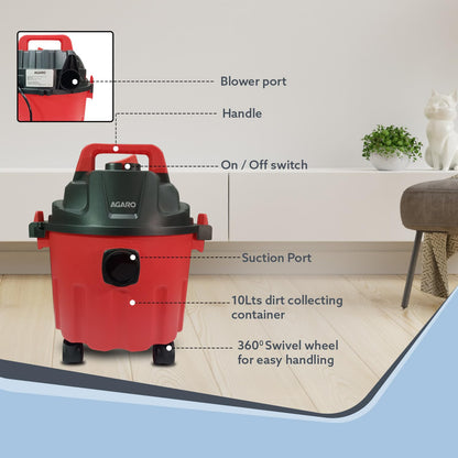 AGARO Rapid 1000W Wet & Dry Vacuum Cleaner | 16.5 kPa Suction | 10L Tank | Blower Function | Compact Home Cleaning Machine