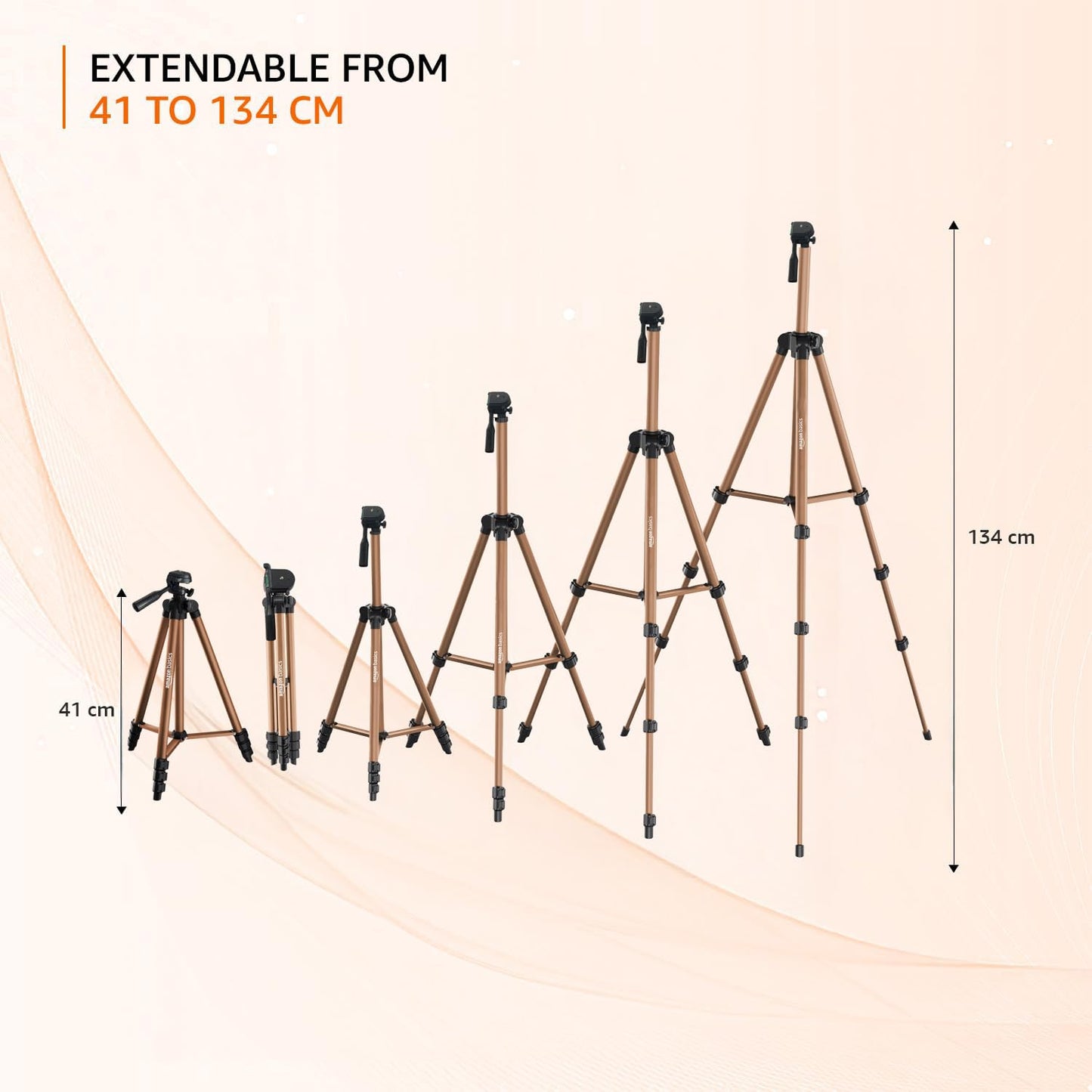 Amazon Basics Adjustable Camera Tripod 41-134cm | Mobile Holder, Carry Bag Included | Lightweight Aluminum Stand for DSLR, GoPro & Smartphones | Copper