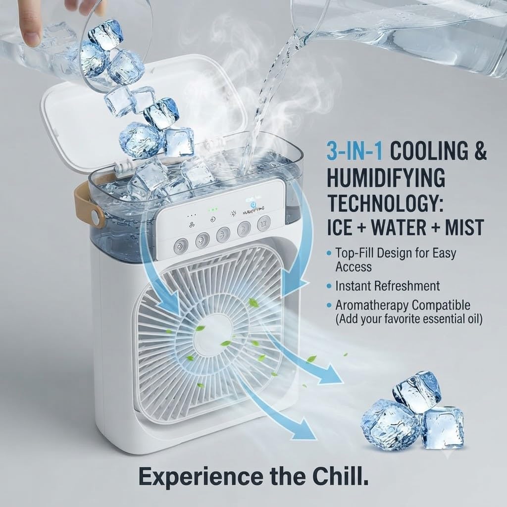 🔥 BUY 1 GET 1 FREE – Mini Portable Air Cooler | 3-in-1 Personal Cooler, Fan, Humidifier & RGB LED Light