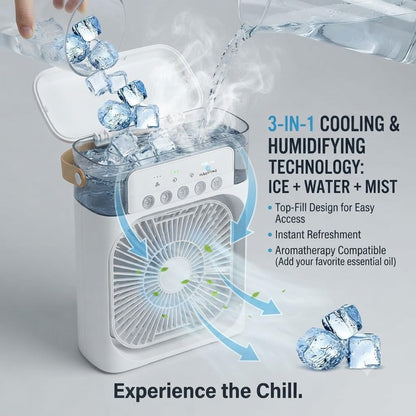 🔥 BUY 1 GET 1 FREE – Mini Portable Air Cooler | 3-in-1 Personal Cooler, Fan, Humidifier & RGB LED Light