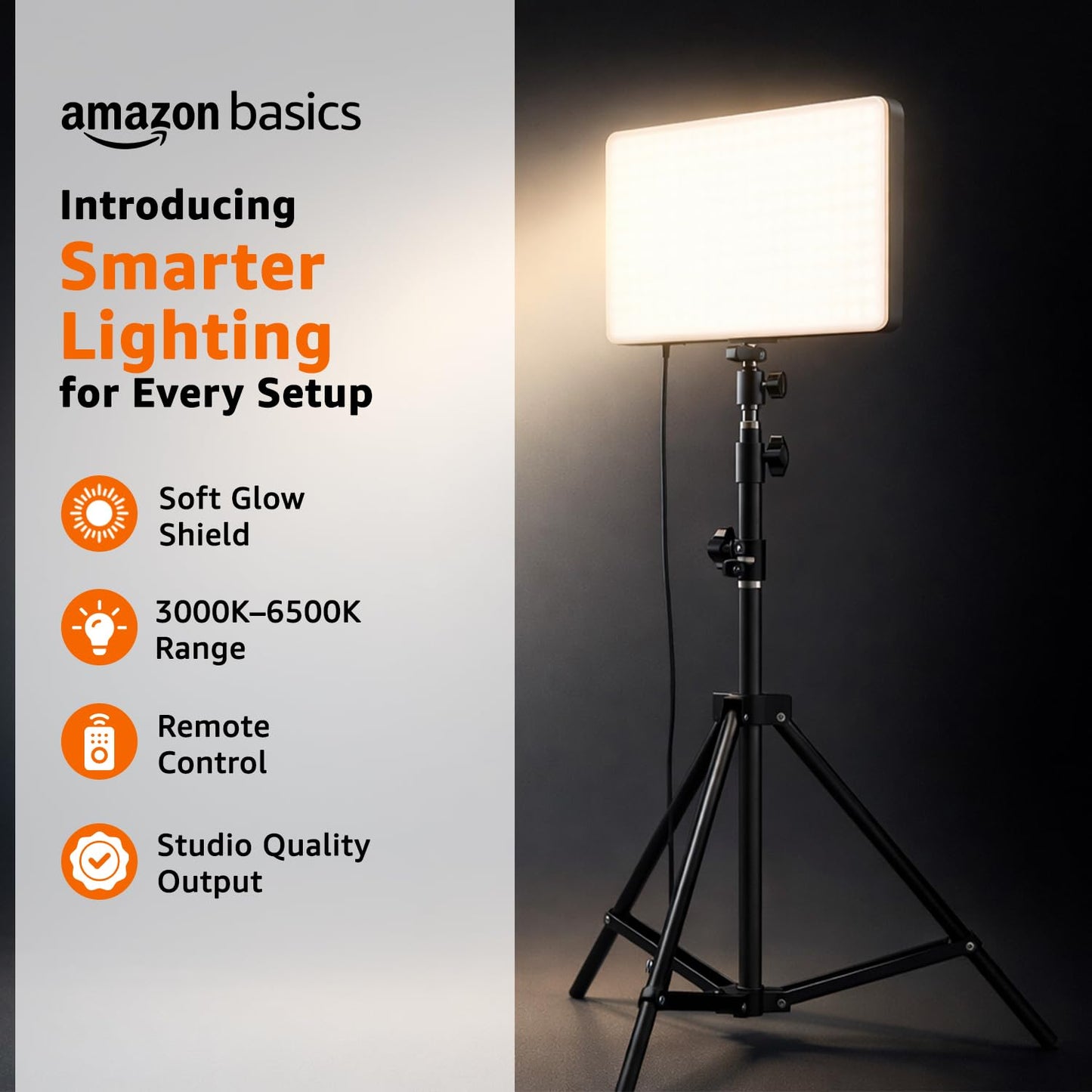 Amazon Basics Studio Light with 7ft Tripod Stand | Adjustable 3000K–6500K LED Light for Photography, Video Recording & Content Creation