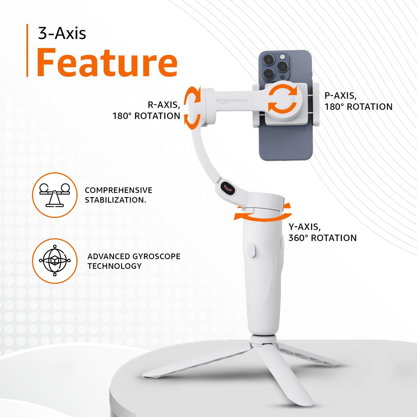 Amazon Basics Foldable 3-Axis Gimbal Stabilizer with Advanced Gyroscope | Shake-Free Video, Object Tracking, Time-Lapse & Panorama | 2500mAh Battery | Ideal for Vlogging +FREE AirPods Worth ₹699