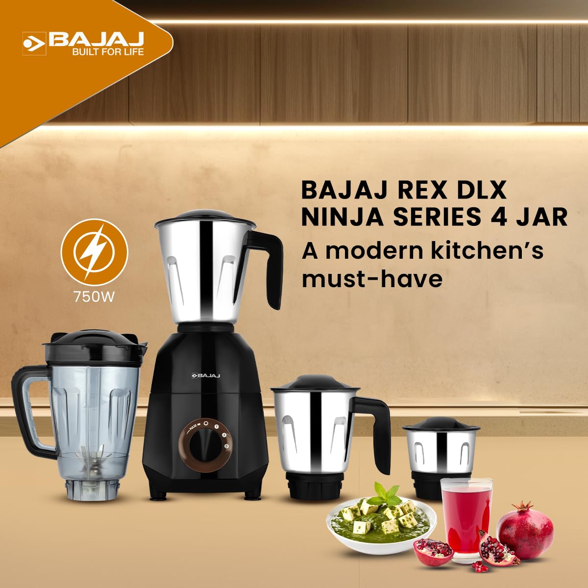 Bajaj Rex DLX Ninja Series Mixer Grinder 750 Watt | 4 Jars | Dry & Wet Grinding | Black/Brown
