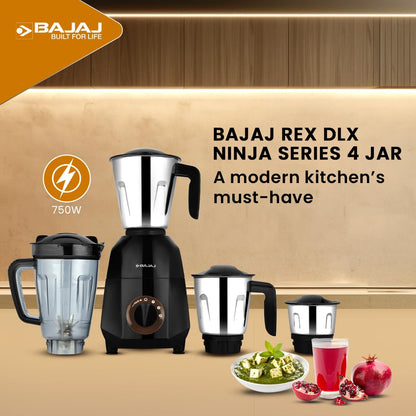 Bajaj Rex DLX Ninja Series Mixer Grinder 750 Watt | 4 Jars | Dry & Wet Grinding | Black/Brown