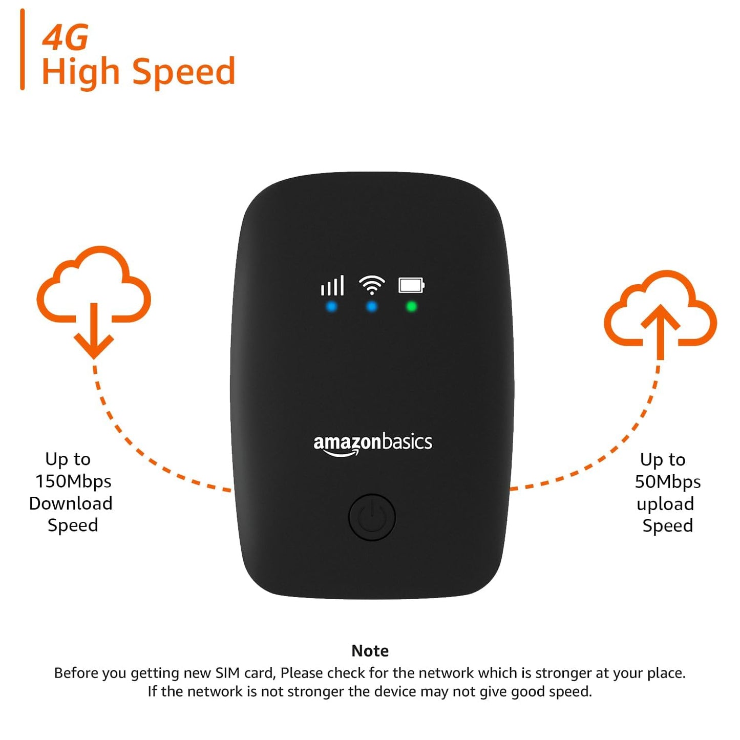 Amazon Basics 4G LTE Wireless Dongle – All SIM Network Support | Plug & Play Single-Band Data Card | Up to 150Mbps WiFi Hotspot | 2200mAh Rechargeable Battery | SIM Adapter Included (Black)