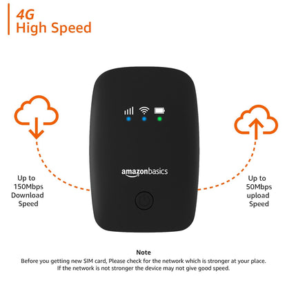 Amazon Basics 4G LTE Wireless Dongle – All SIM Network Support | Plug & Play Single-Band Data Card | Up to 150Mbps WiFi Hotspot | 2200mAh Rechargeable Battery | SIM Adapter Included (Black)