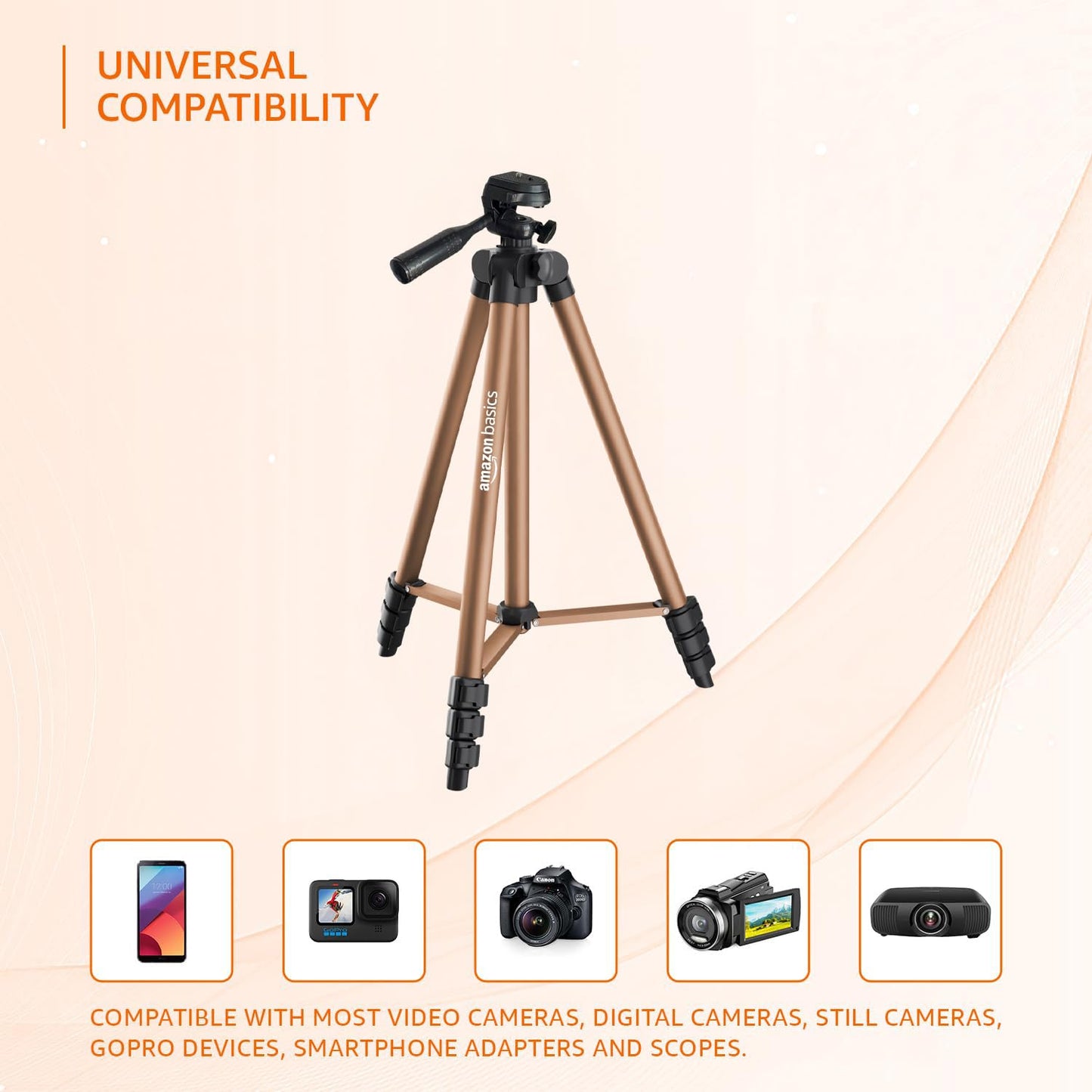 Amazon Basics Adjustable Camera Tripod 41-134cm | Mobile Holder, Carry Bag Included | Lightweight Aluminum Stand for DSLR, GoPro & Smartphones | Copper