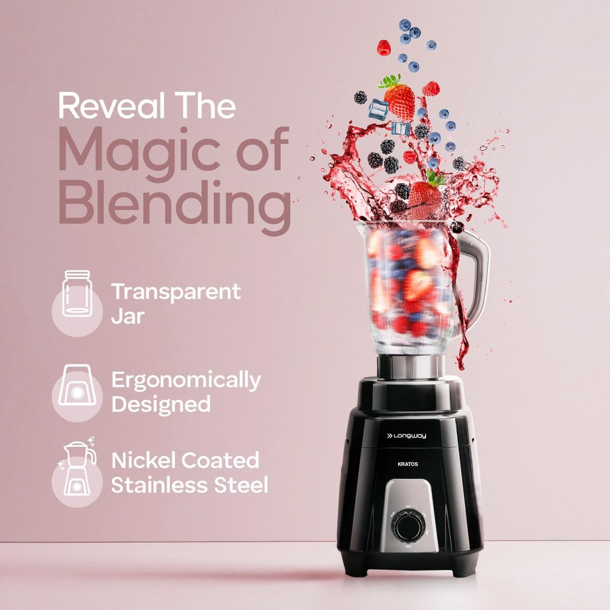 Longway Kratos 1000W Juicer Mixer Grinder with 4 Stainless Steel Jars | Powerful Copper Motor | Mixer, Grinder & Juicer | Black | Free Delivery