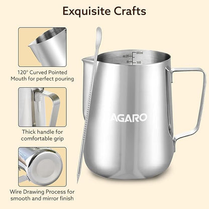 AGARO 350ml Stainless Steel Milk Frothing Pitcher with Latte Art Pen | 304 Steel Espresso Coffee Jug for Cappuccino & Latte