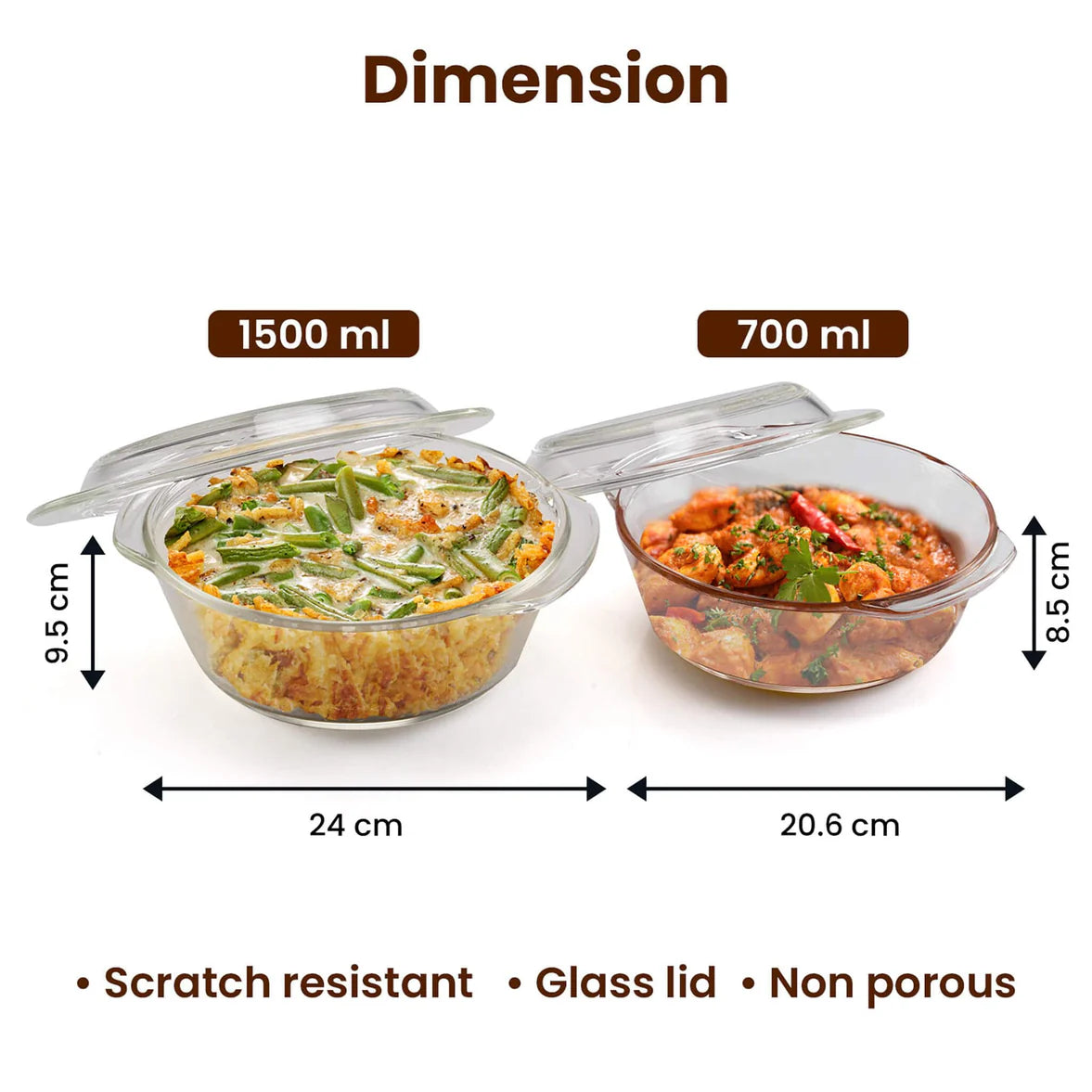 AGARO Elite Glass Casserole Set with Lid (700ml & 1500ml) | Heat Resistant Borosilicate Glass | Microwave Safe Serving Bowls
