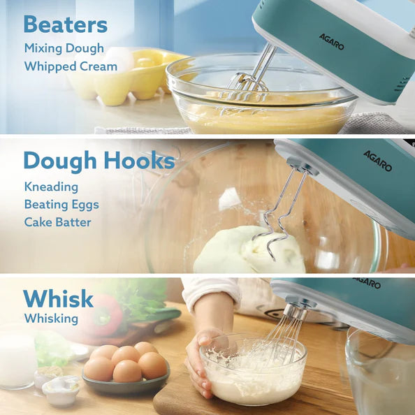 Agaro Regency 300W Hand Mixer Blender – 5 Speed Electric Beater with Detachable Beaters, Whisker & Dough Hooks | Perfect for Cake, Cream & Dough Mixing