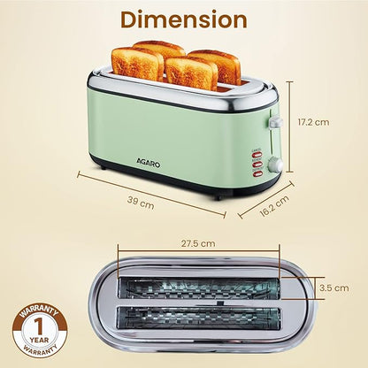 AGARO Royal 4 Slice Stainless Steel Pop-Up Toaster – 1450W Bread Toaster with Reheat, Defrost & Cancel Functions | Variable Heat Settings & Removable Crumb Tray for Perfect Breakfast + FREE Milk Frother @ ₹799 ☕🔥