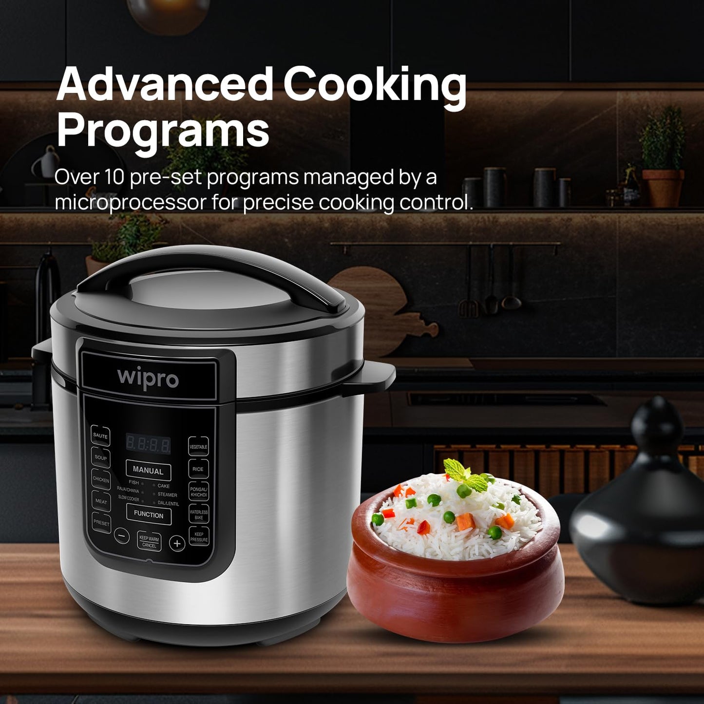 Wipro Elato 6L Digital Electric Pressure Cooker – 10 Preset Multi-Cooking Functions, 1000W, Stainless Steel Pot, Safety Lock