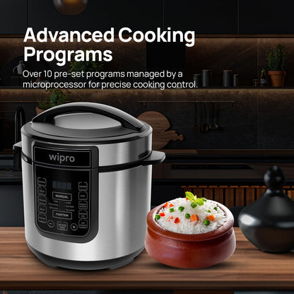 Wipro Elato 6L Digital Electric Pressure Cooker – 10 Preset Multi-Cooking Functions, 1000W, Stainless Steel Pot, Safety Lock