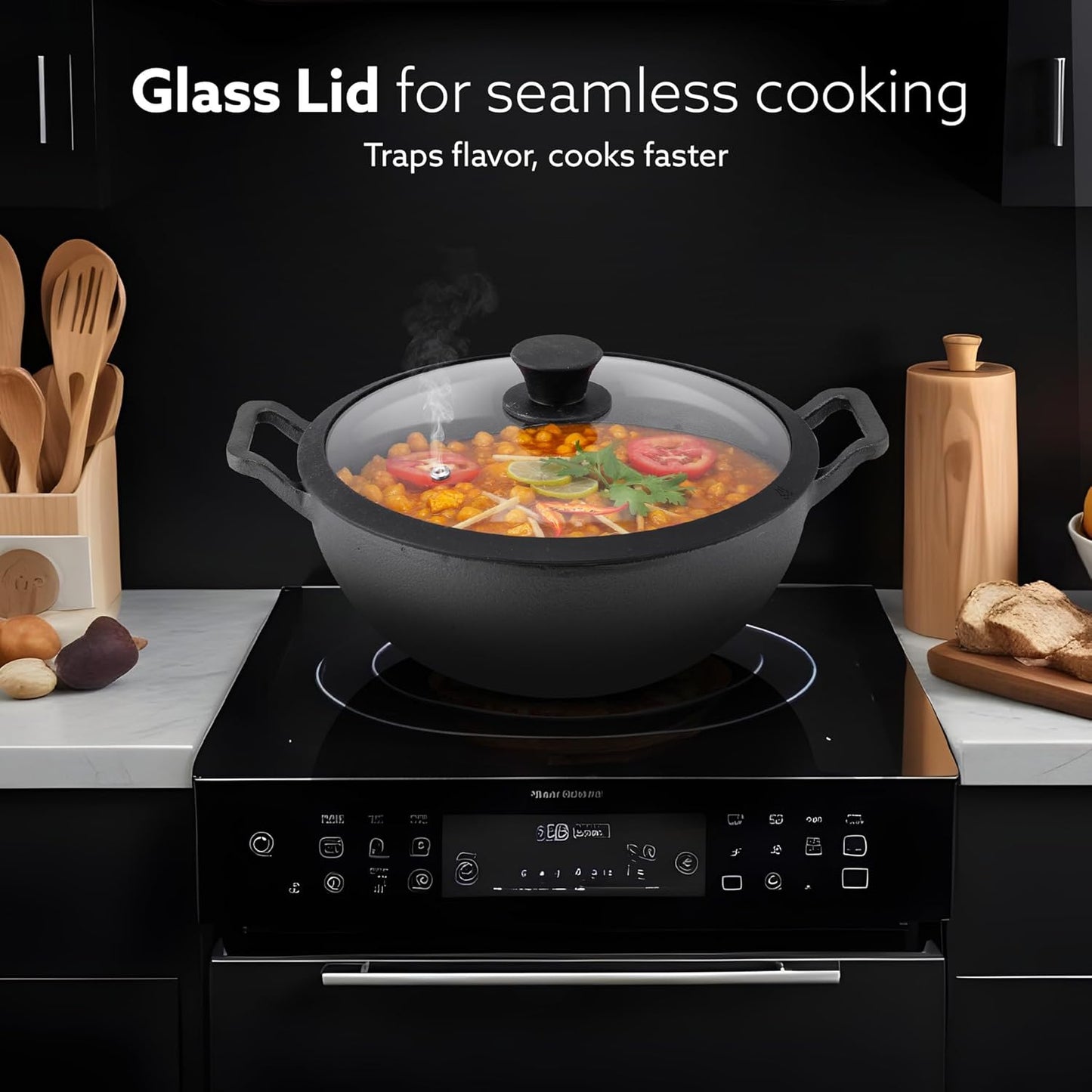 AGARO Royal Pre-Seasoned Cast Iron Kadai 4.3L | Glass Lid | Heavy Duty Uni-Body | No Chemical Coating | Gas & Induction Compatible | Black