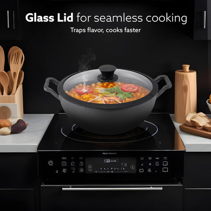 AGARO Royal Pre-Seasoned Cast Iron Kadai 4.3L | Glass Lid | Heavy Duty Uni-Body | No Chemical Coating | Gas & Induction Compatible | Black