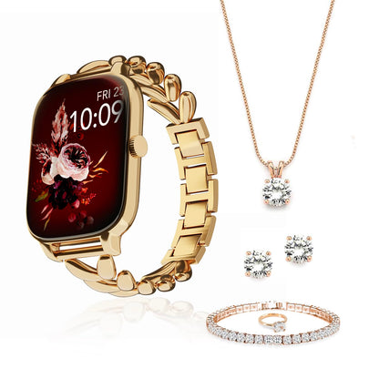 Vibez Allure Luxury Smart Watch for Women with Jewellery Gift Set – 1.83" HD Display, BT Calling Smartwatch, Stainless Steel Strap, Earrings, Necklace, Bracelet & Ring