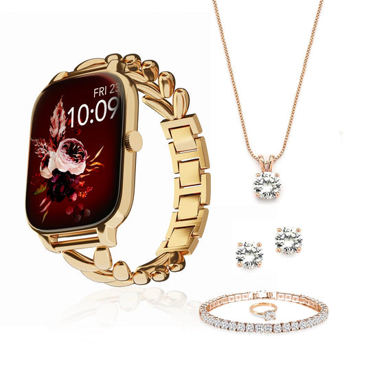 Vibez Allure Luxury Smart Watch for Women with Jewellery Gift Set – 1.83" HD Display, BT Calling Smartwatch, Stainless Steel Strap, Earrings, Necklace, Bracelet & Ring