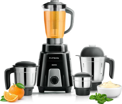 Longway Kratos 1000W Juicer Mixer Grinder with 4 Stainless Steel Jars | Powerful Copper Motor | Mixer, Grinder & Juicer | Black | Free Delivery
