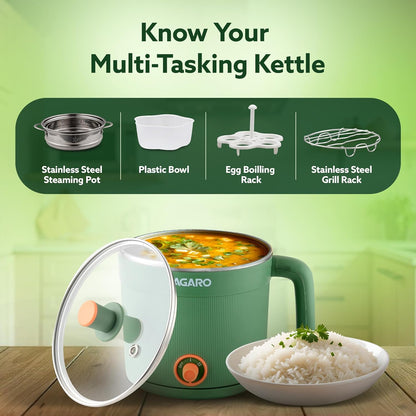AGARO Regency Multi-Cook Electric Kettle 1.2L with Steamer | 600W | Double Layer Body | Variable Temp | Tea, Coffee, Eggs & Veggies + FREE AirPods Worth ₹499
