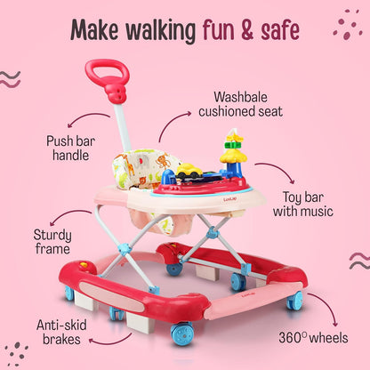 LuvLap Comfy 2-in-1 Baby Walker & Rocker (6–18 Months) | Push Handle, Anti-Fall Safety, Adjustable Height, Music & Lights | FREE AirPods Worth ₹499 🎁