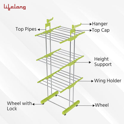 Lifelong 3 Layer Stainless Steel Foldable Cloth Drying Stand with Wheels & 12 Clips | Heavy Duty Laundry Dryer Rack