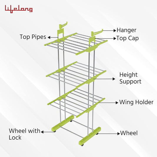Lifelong 3 Layer Stainless Steel Foldable Cloth Drying Stand with Wheels & 12 Clips | Heavy Duty Laundry Dryer Rack