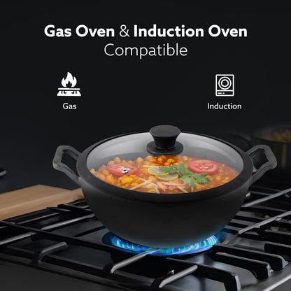 AGARO Royal Pre-Seasoned Cast Iron Kadai 4.3L | Glass Lid | Heavy Duty Uni-Body | No Chemical Coating | Gas & Induction Compatible | Black