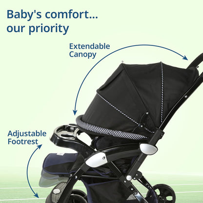 LuvLap Galaxy Baby Stroller & Pram (Black) | 5-Point Safety Harness, Multi-Level Recline, Easy Fold + 🎁 FREE LuvLap Silicone Straw Sipper Cup Set of 3 (300ml, Worth ₹1,499)
