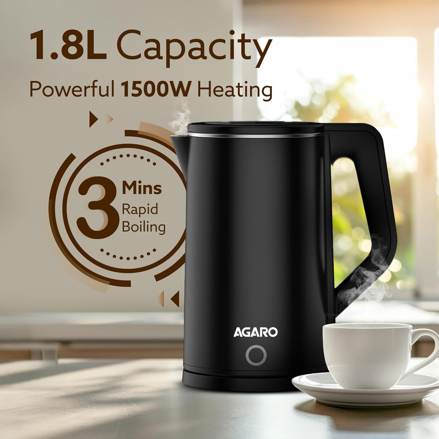 AGARO A New  Elegant Electric Kettle 1.8L | 1500W Fast Boil Stainless Steel Water Heater | Buy 1 Get 1 Free