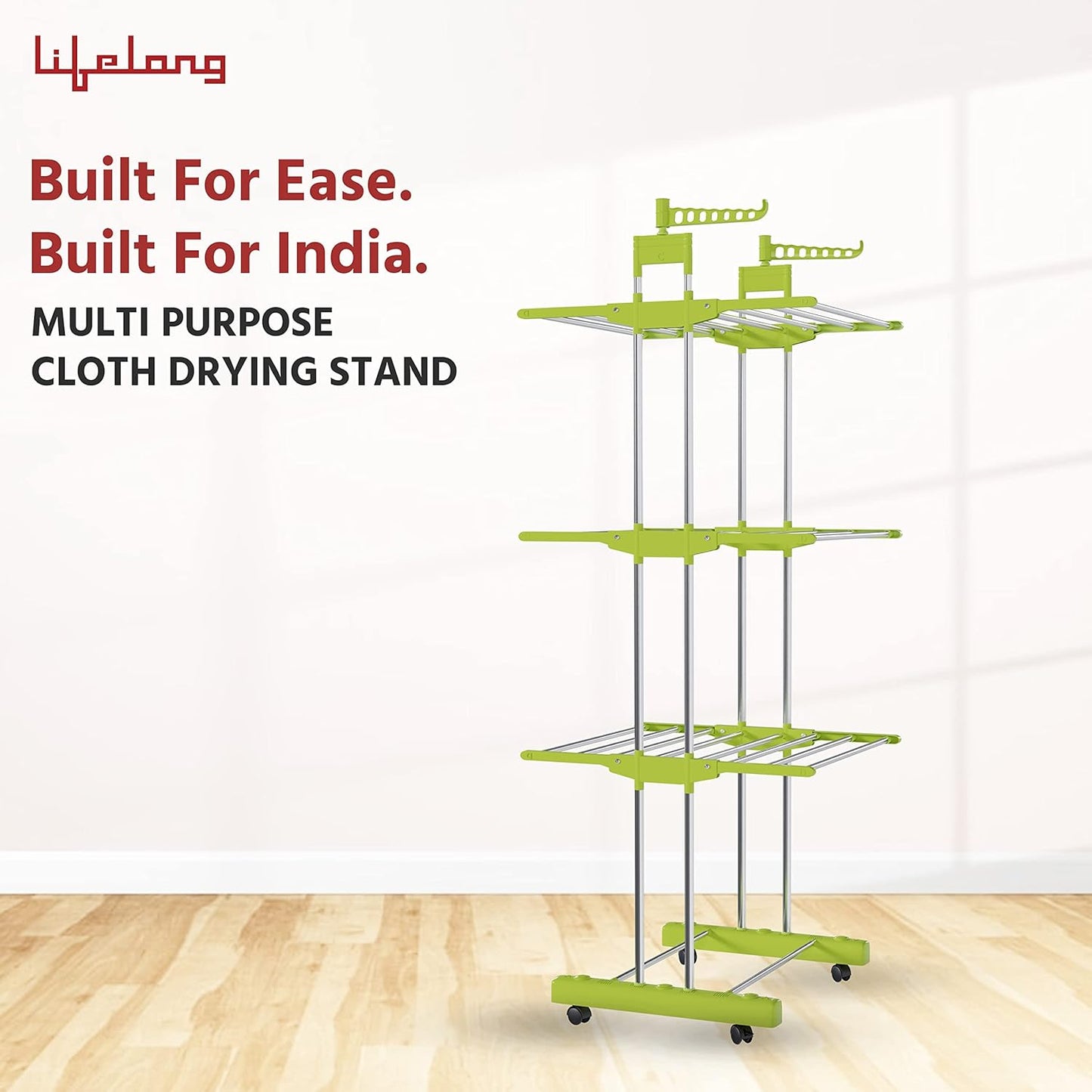 Lifelong 3 Layer Stainless Steel Foldable Cloth Drying Stand with Wheels & 12 Clips | Heavy Duty Laundry Dryer Rack