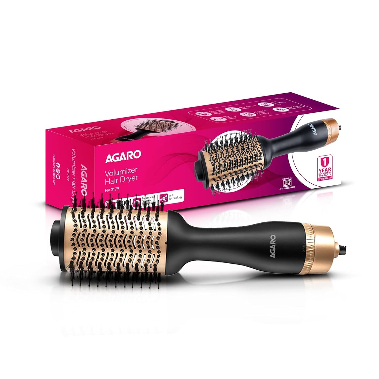 AGARO HV2179 Hot Air Brush 1200W | Blow Dryer, Volumizer & Hair Styler | Ceramic Coating, Charcoal Bristles, 360° Airflow, Oval Barrel (Gold & Black)