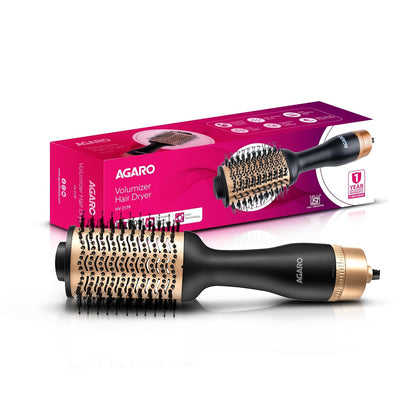 AGARO HV2179 Hot Air Brush 1200W | Blow Dryer, Volumizer & Hair Styler | Ceramic Coating, Charcoal Bristles, 360° Airflow, Oval Barrel (Gold & Black)