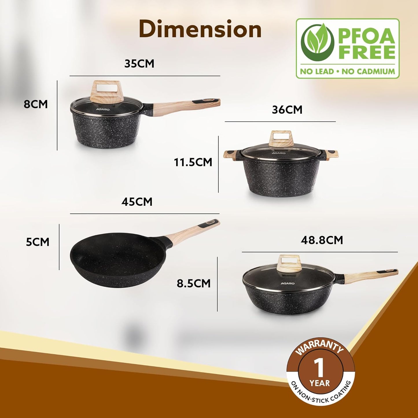 AGARO Imperial Granite Non-Stick Cookware Set (4 Pcs) | 28cm Deep Fry Pan + 24cm & 16cm Sauce Pans with Lids | Cast Aluminium | Gas & Induction Compatible