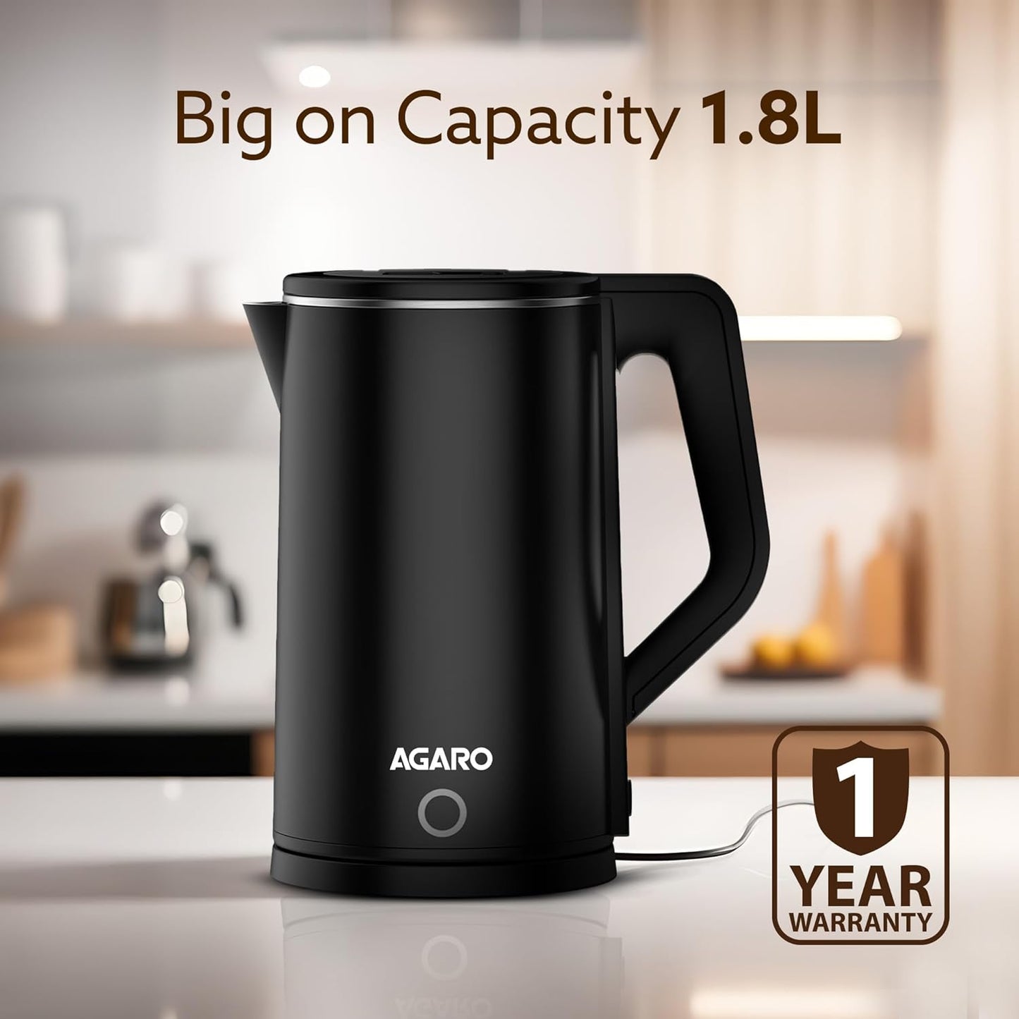 AGARO A New  Elegant Electric Kettle 1.8L | 1500W Fast Boil Stainless Steel Water Heater | Buy 1 Get 1 Free