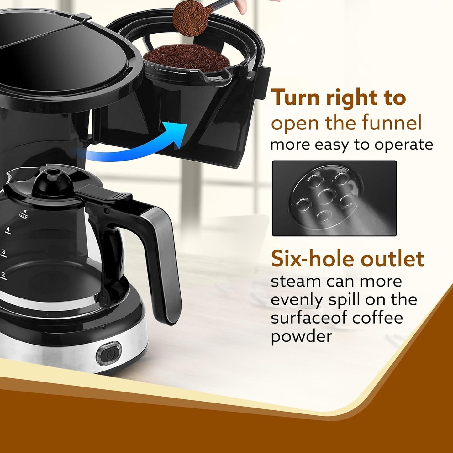 AGARO Royal 750W Drip Coffee Maker | 600ml Borosilicate Glass Carafe | 4 Big Cups | Cone Filter | Auto Shut-Off | Water Level Indicator | Stainless Steel Body (Black)