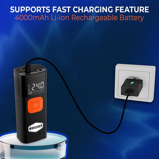 Woscher i6 Cordless Tyre Inflator – 150 PSI Portable Air Pump with 4000mAh Battery, Auto Shut-Off & Emergency Light