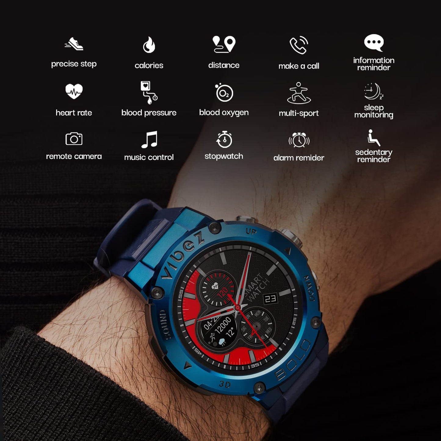 Vibez by Lifelong Bold Smartwatch for Men with BT Calling | 1.32” HD Display | 24×7 Heart Rate & Blood Oxygen | Sports Modes | IP67 | Sleep Monitor | 7 Days Battery Backup – Blue