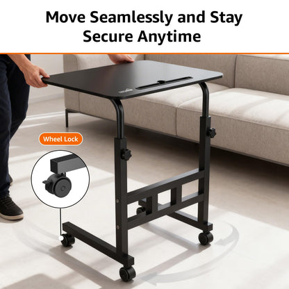 Amazon Basics Adjustable Height Wooden Laptop Table with Wheels | Portable Multipurpose Study & Work Desk | Black