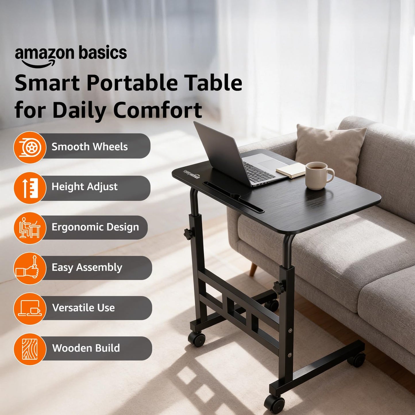 Amazon Basics Adjustable Height Wooden Laptop Table with Wheels | Portable Multipurpose Study & Work Desk | Black